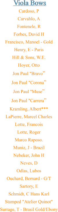 Cardoso, P Carvahlo, A Fontenele, R Forbes, David H Francisco, Manoel - Gold Henry, E - Paris Hill & Sons, W.E. Hoyer, Otto Jon Paul "Bravo” Jon Paul "Corona” Jon Paul "Muse” Jon Paul "Carrera” Kramling, Albert*** LaPierre, Marcel Charles Lotte, Francois Lotte, Roger Marco Raposo. Muniz, J - Brazil Nebeker, John H Neves, D Odlas, Lubos Ouchard, Bernard - G/T Sartory, E Schmidt, C Hans Karl Stamped "Atelier Quinot" Surrage, T - Brasil Gold/Ebony  Viola Bows